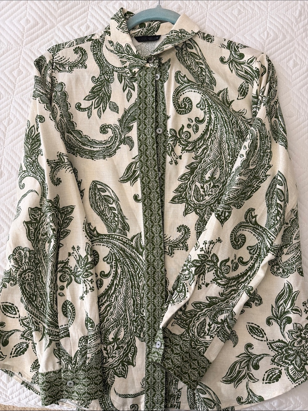 Zara Cream and Green Paisley Button-Down Shirt